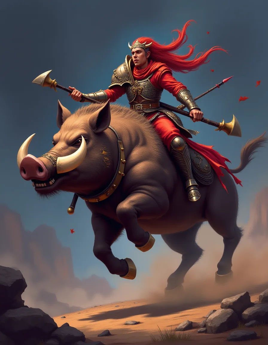 The illustration on Boar Rider, a common unit in Arcana