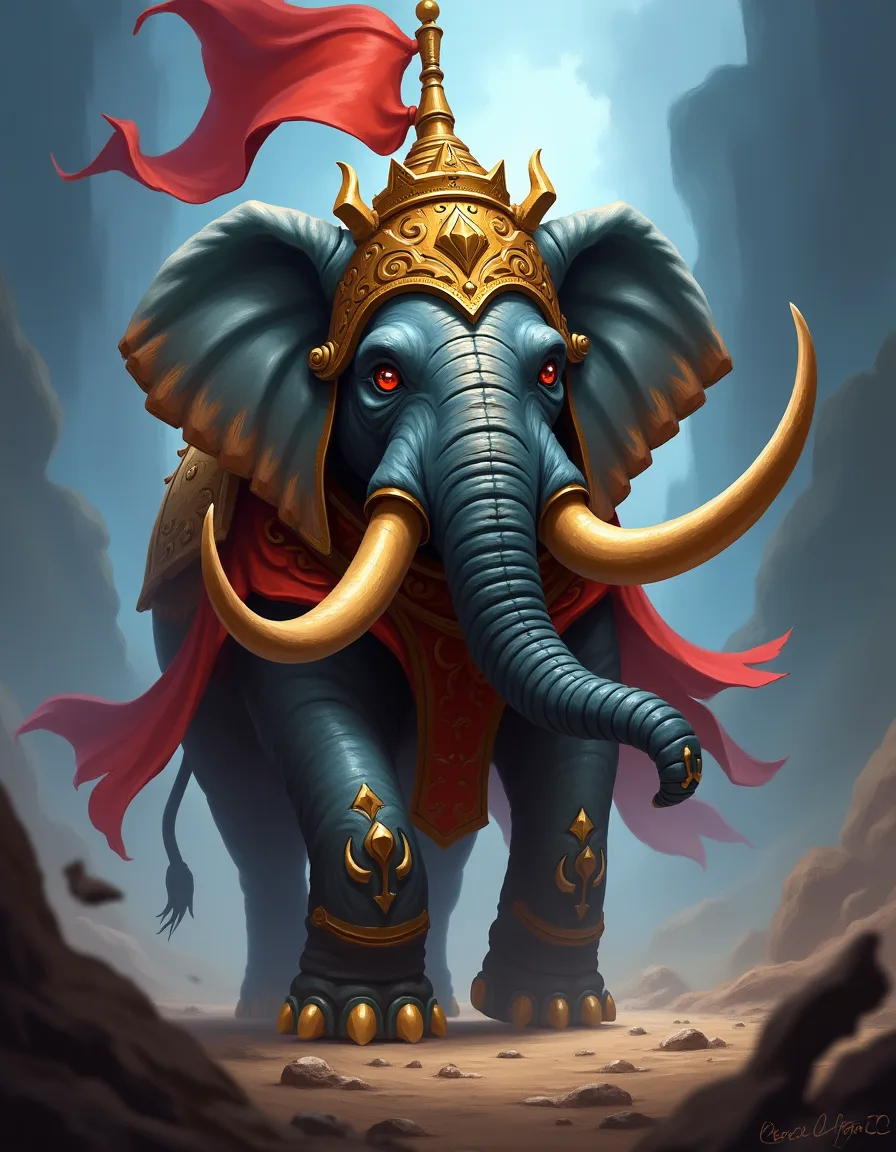 The illustration on War Elephant, a common unit in Arcana