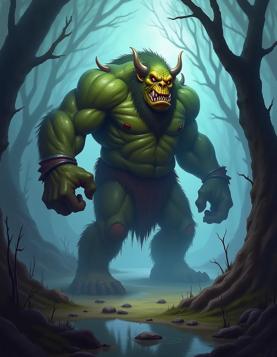 The illustration on Swamp Troll, a common unit in Arcana