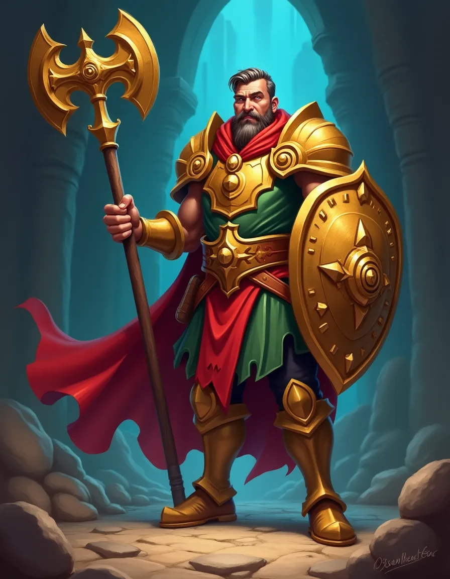 The illustration on Temple Defender, a uncommon unit in Arcana