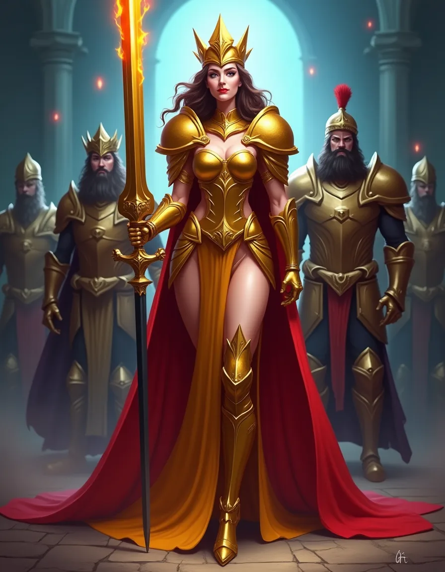 The illustration on Queen Aureia, a legendary unit in Arcana