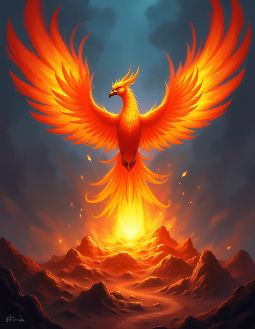 The illustration on Phoenix of Rebirth, a legendary unit in Arcana