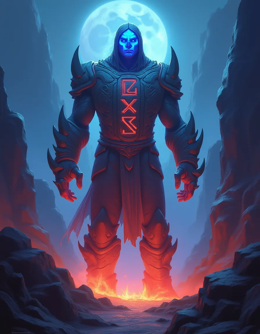 The illustration on Runebound Colossus, a rare unit in Arcana