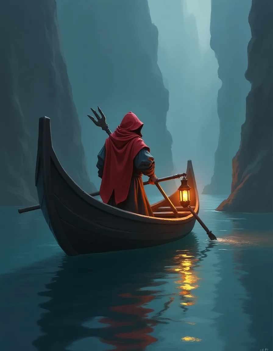 The illustration on Ferryman of Ash, a common unit in Arcana