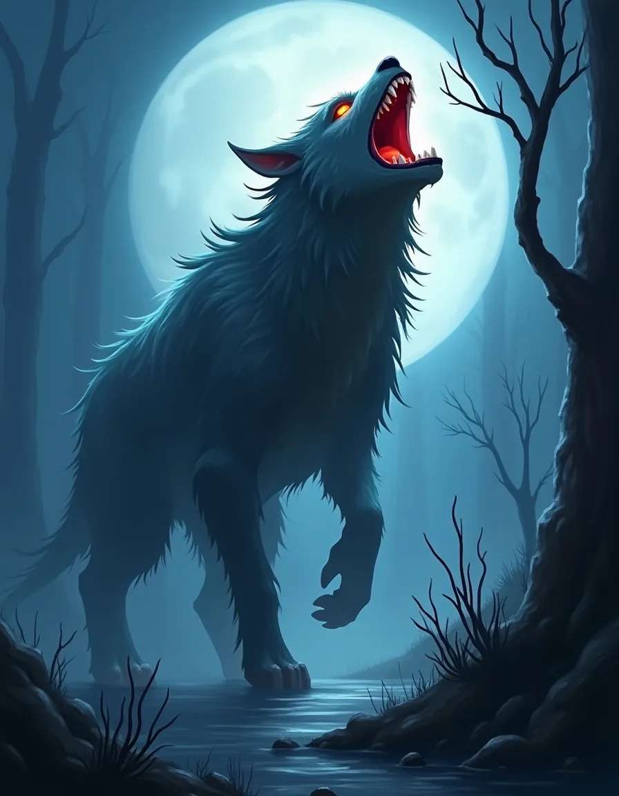 The illustration on Marsh Howler, a common unit in Arcana