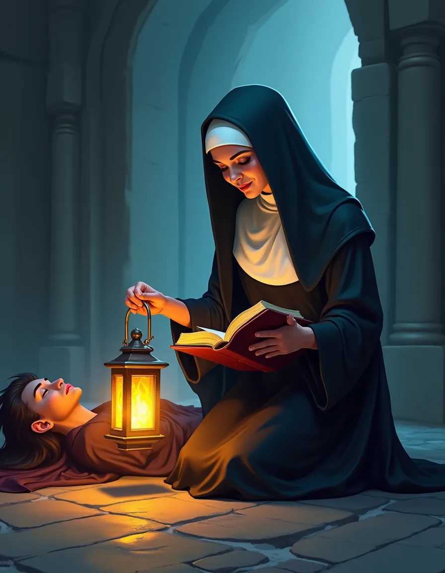 The illustration on Lamplight Sister, a uncommon unit in Arcana
