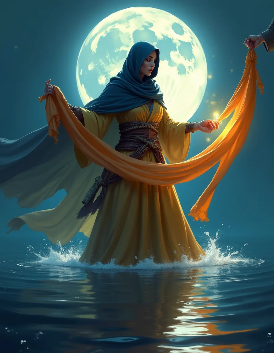 The illustration on Moonveil Weaver, a uncommon unit in Arcana