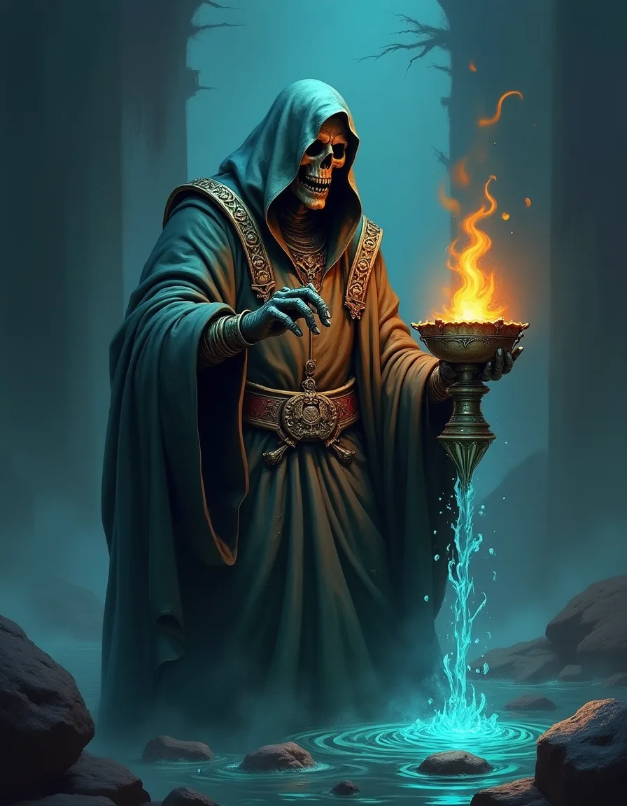 The illustration on Ashen Tidepriest, a uncommon unit in Arcana