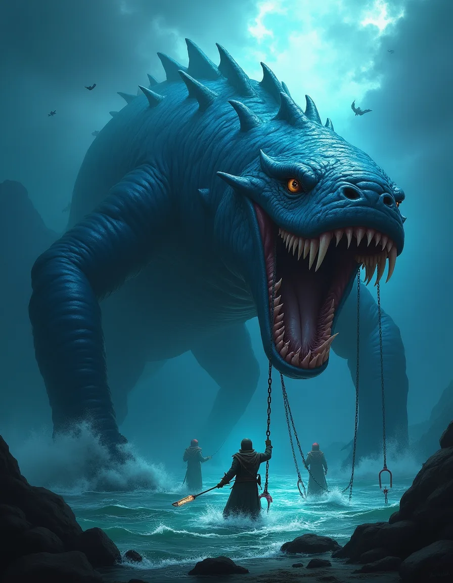The illustration on Tidebound Leviathan, a rare unit in Arcana