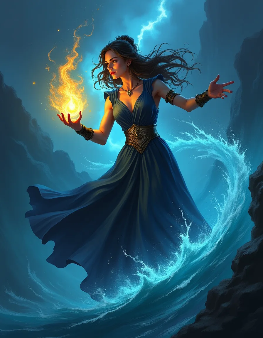 The illustration on Abyssal Tidecaller, a rare unit in Arcana