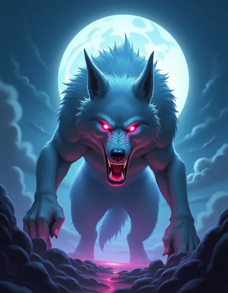 The illustration on Fenrach, Moonjaw, a legendary unit in Arcana